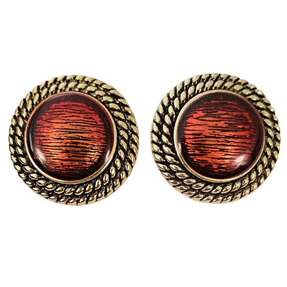 Gold Tone Vintage Round Rust Enamel Designer Style Clip Earrings Rope Twist J121 - Picture 1 of 7